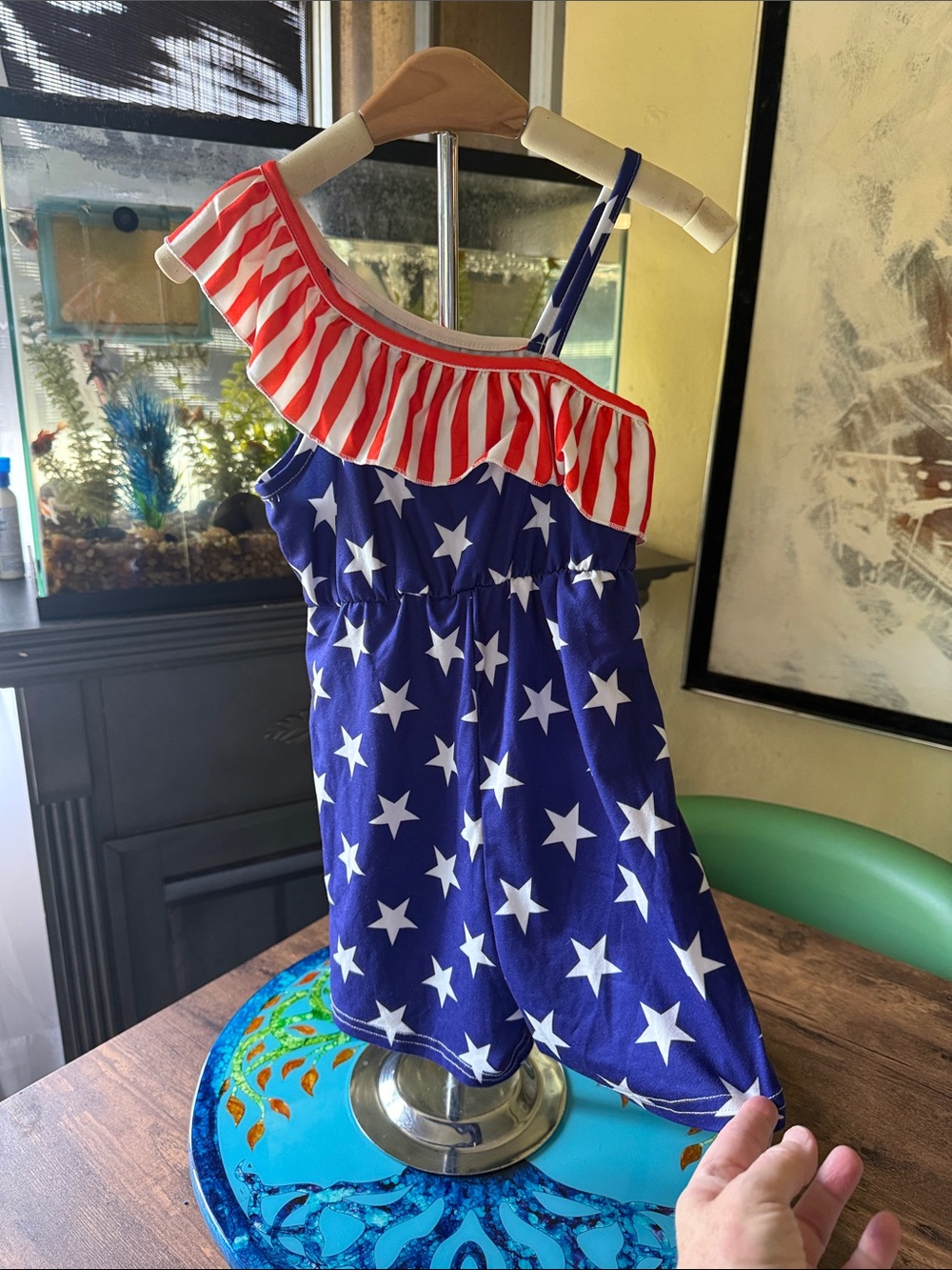Girls' Blue Star Print One-Shoulder Tank Top with Red Stripe Ruffle